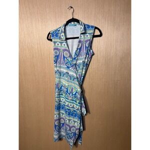 J.McLaughlin Womens Blue Geometric Wrap Dress Sleeveless Catalina Cloth Size M